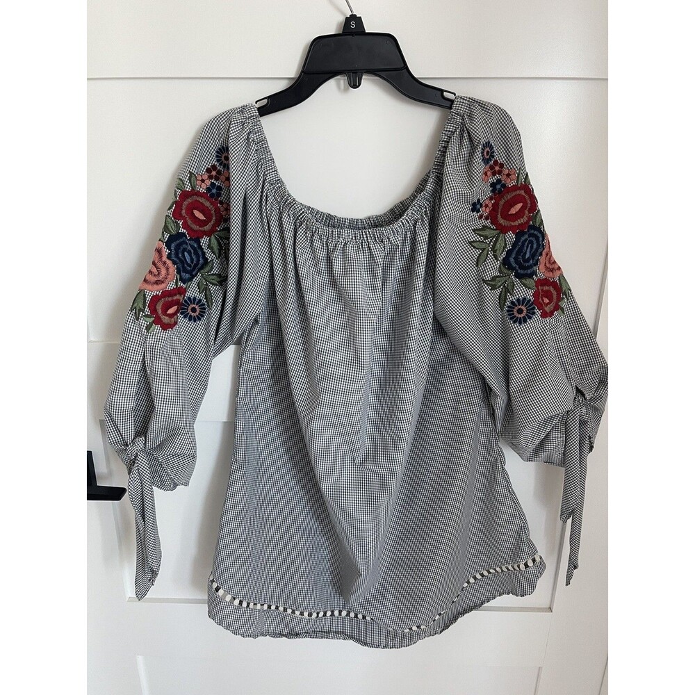 Avani Del Amour Blue Gingham Embroidered Off The Shoulder Tunic Top Size m